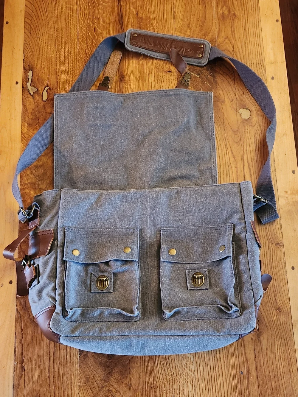 Canvas Messenger Bag with Brown Leather Trim - Gray Men's Shoulder Bag